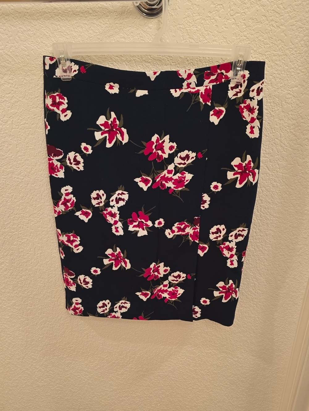 J. Crew Navy Pencil Skirt with Fuchsia and White Floral Print